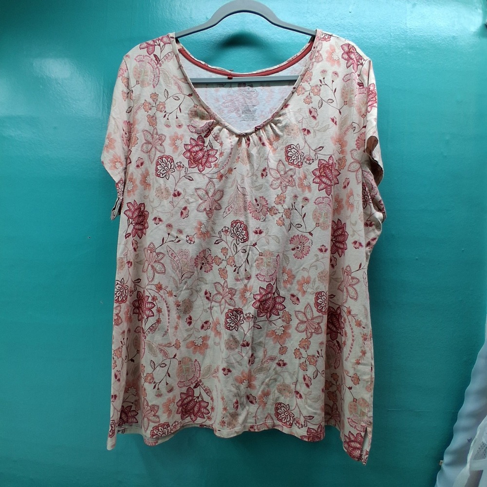 St. John's Bay Floral V-Neck Top 2X Pink Peach Cottagecore Short Sleeve
